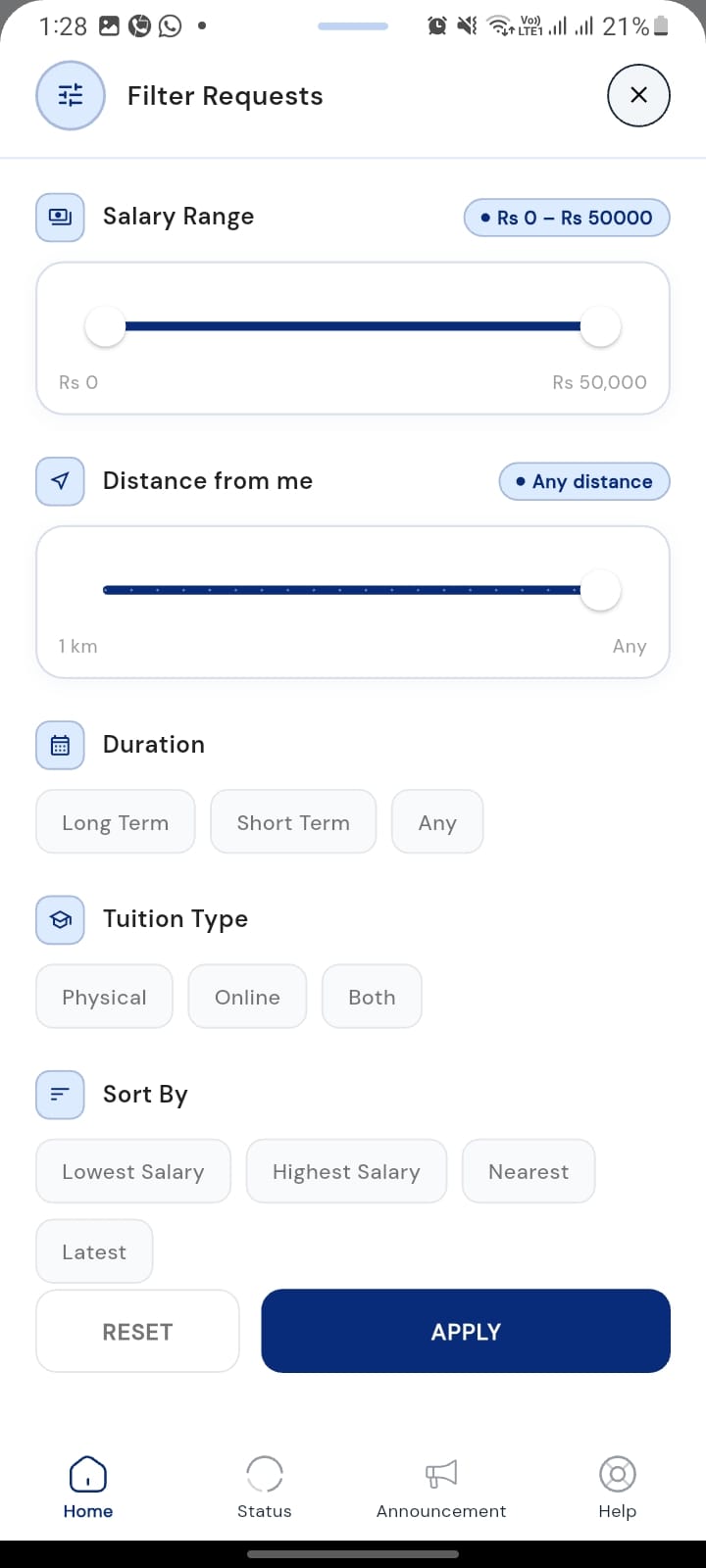 Filtering tuitions by Physical, Online or Both, budget and distance in the A Grade Home Tuition app